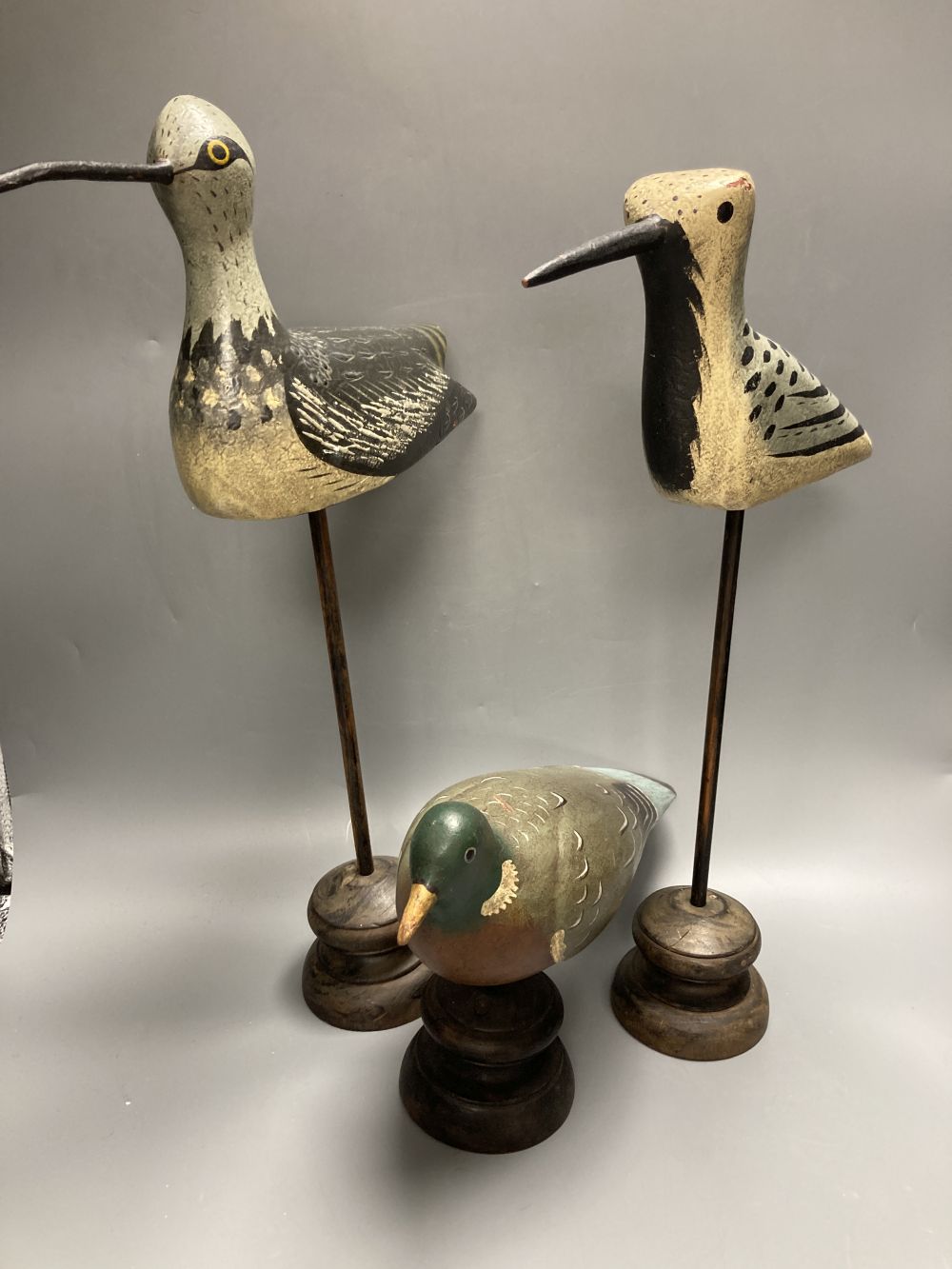 Two painted decoy wading birds on stands and a pigeon on stand, tallest 50cm